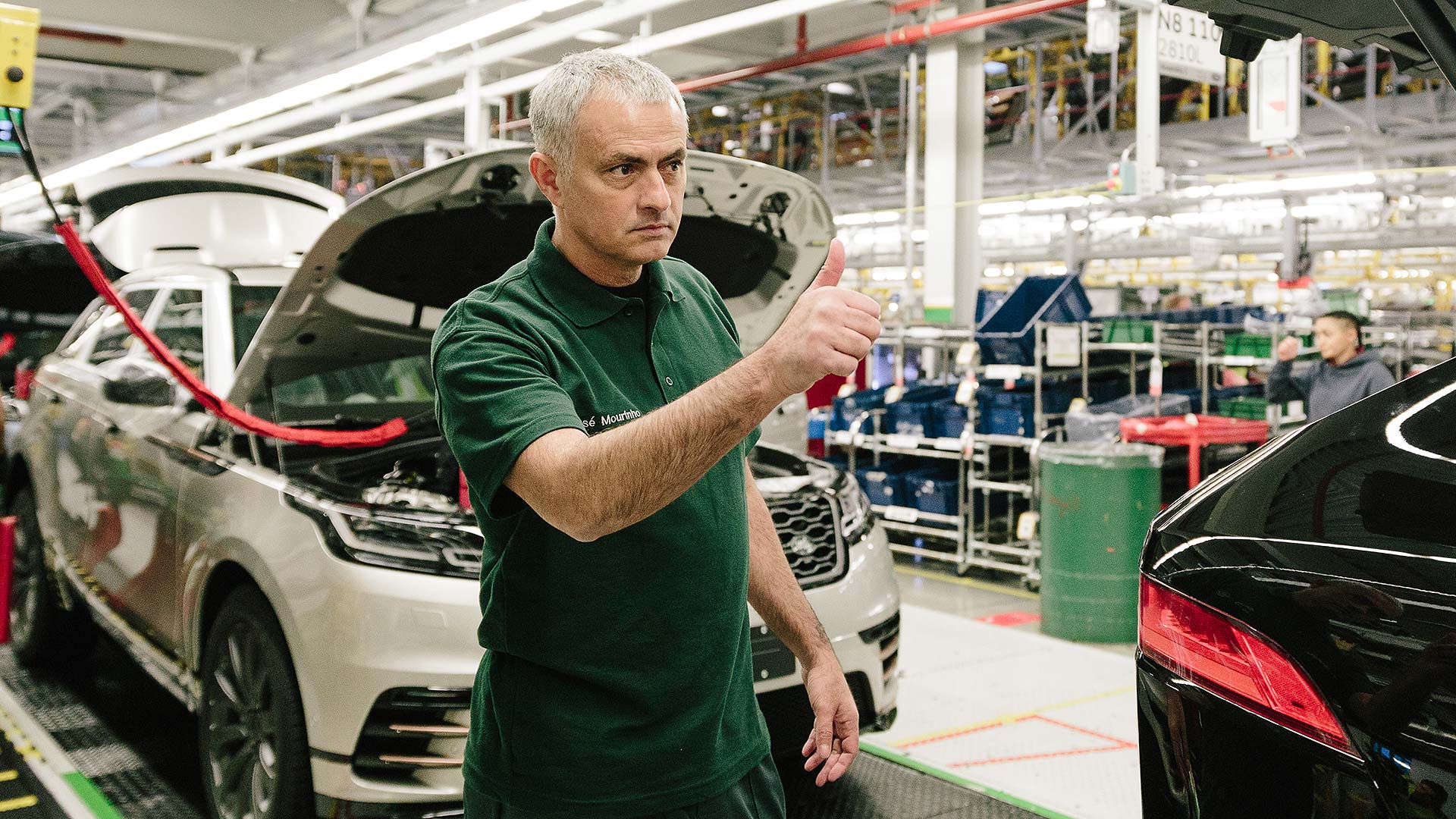 Jose Mourinho visits a Jaguar Land Rover car production line