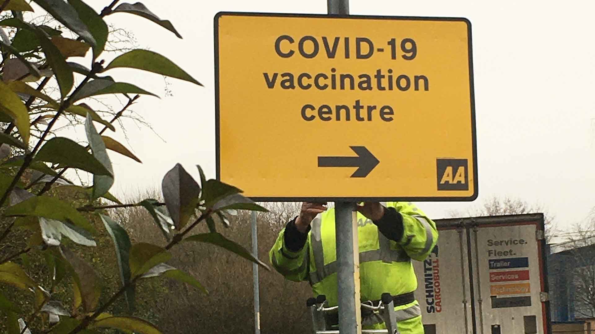 AA Covid-19 vaccination centre road sign