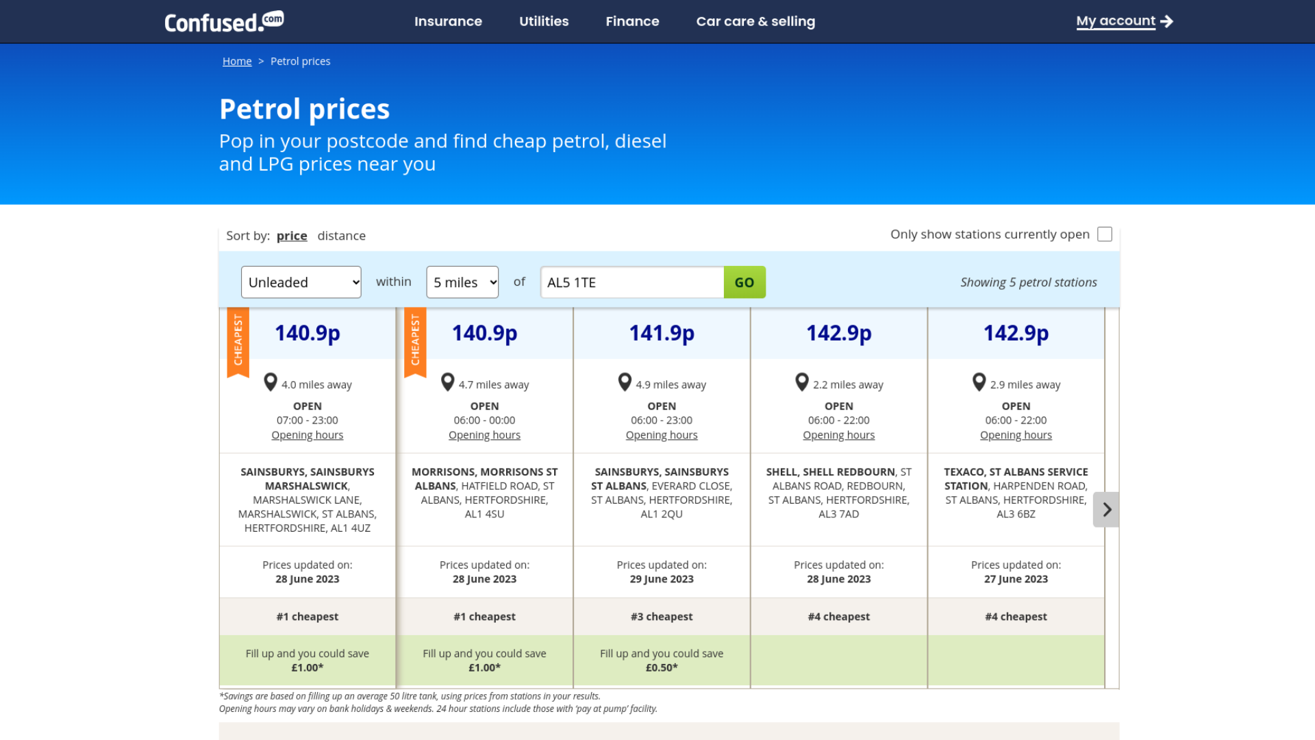 Petrol prices from Confused.com